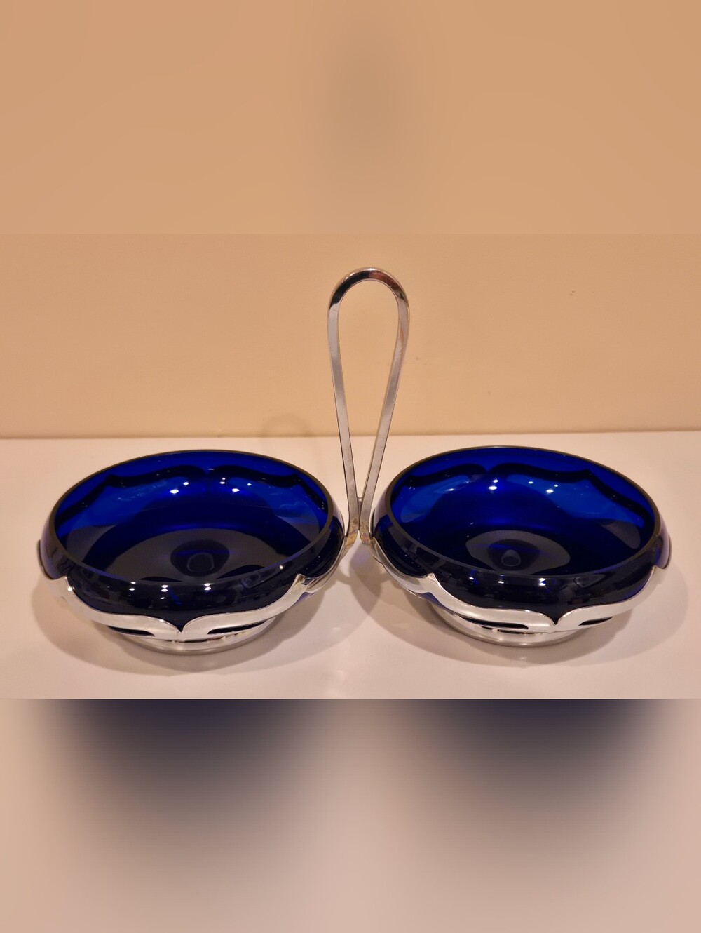 Vintage Farber Brothers Double Condiment Set In Cobalt Blue And Chrome